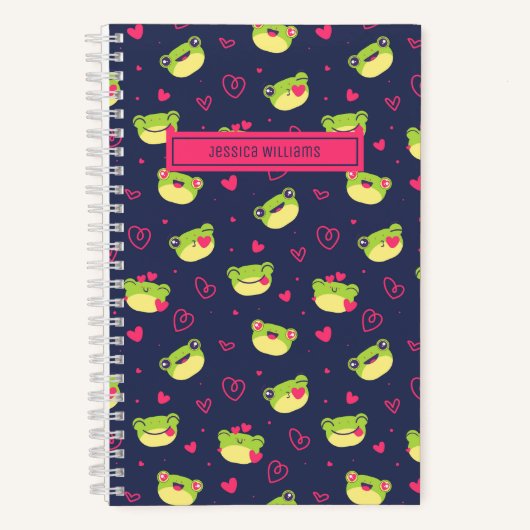 Cute Frog en Doodle Heart Pattern Blue Roze Notitieboek (Voorkant)