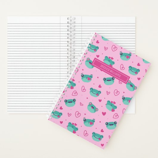 Cute Frog en Doodle Heart Pattern Girly Pink Notitieboek (Binnen)