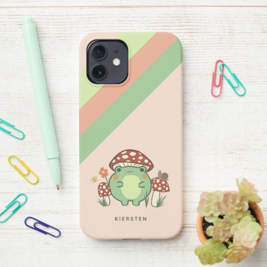 Cute Frog en paddenstoelen Cartoon | Naam iPhone Hoesje (Op bureau)