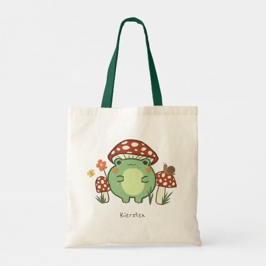 Cute Frog en paddenstoelen Cartoon | Naam Tote Bag (Achterkant)