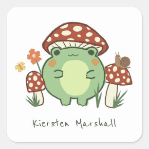 Cute Frog en paddenstoelen Cartoon Naam Vierkante Sticker