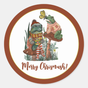 Cute Frog en Toad Merry Mushroom kerstak Ronde Sticker