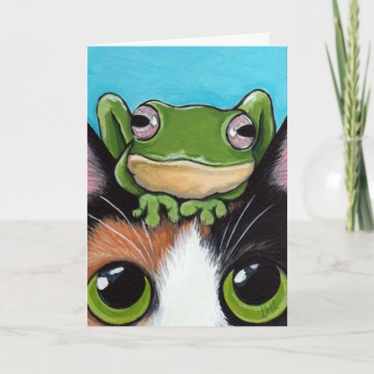 Cute Frog en Tortoiseshel Cat Wenskaart Kaart (Voorkant)