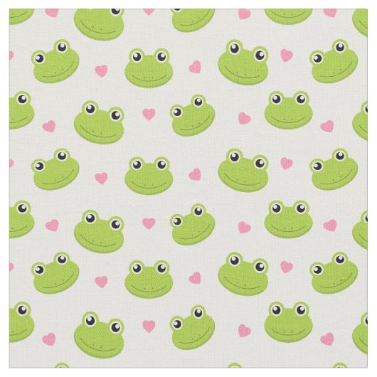 Cute Frog Faces & Hearts Pattern Stof (Close Up)