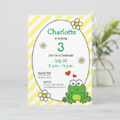 Cute Frog Geel Streep Verjaardagsfeest Uitnodiging (Staand voorkant)