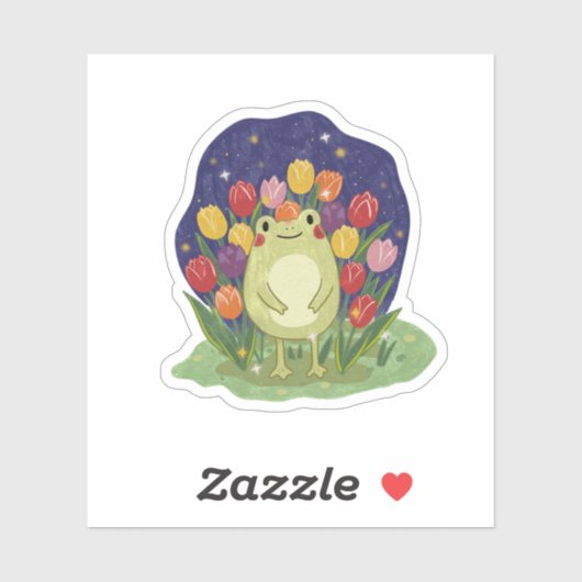 Cute Frog in a Tulip Garden at Night Illustration Sticker (Vel)