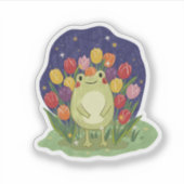 Cute Frog in a Tulip Garden at Night Illustration Sticker (Voorkant)