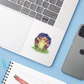 Cute Frog in a Tulip Garden at Night Illustration Sticker (Laptop met iPhone)
