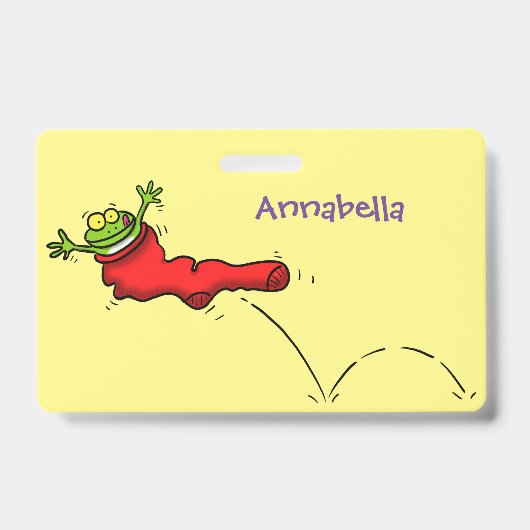 Cute frog in een rode sock springende cartoon badge (Voorzijde)