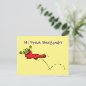 Cute frog in een rode sock springende cartoon briefkaart (Staand voorkant)