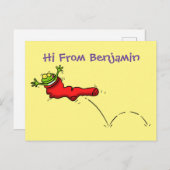 Cute frog in een rode sock springende cartoon briefkaart (Voorkant / Achterkant)