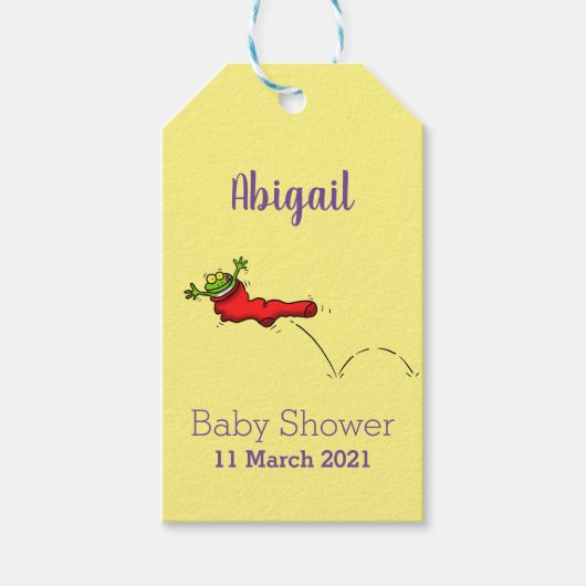 Cute frog in een rode sock springende cartoon cadeaulabel (Voorkant)