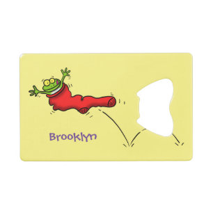 Cute frog in een rode sock springende cartoon creditkaart flessenopener