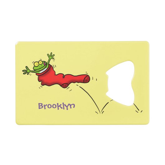 Cute frog in een rode sock springende cartoon creditkaart flessenopener (Voorkant (Horizontaal))