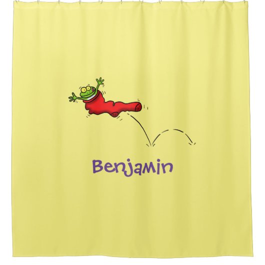 Cute frog in een rode sock springende cartoon douchegordijn (Voorkant)