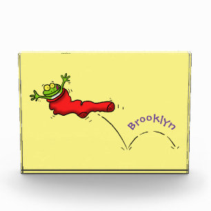 Cute frog in een rode sock springende cartoon fotoblokken