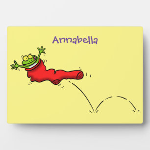 Cute frog in een rode sock springende cartoon fotoplaat