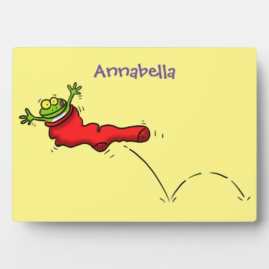 Cute frog in een rode sock springende cartoon fotoplaat (voorkant)