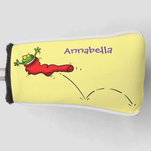 Cute frog in een rode sock springende cartoon golfheadcover (Voorkant)