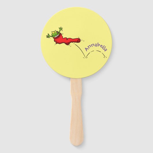 Cute frog in een rode sock springende cartoon handwaaier (Voorkant)