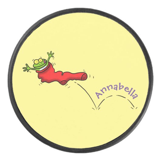 Cute frog in een rode sock springende cartoon hockey puck (Voorkant)