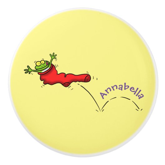 Cute frog in een rode sock springende cartoon keramische knop (Voorkant)