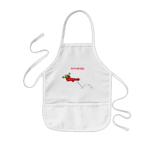 Cute frog in een rode sock springende cartoon kinder schort (Voorkant)