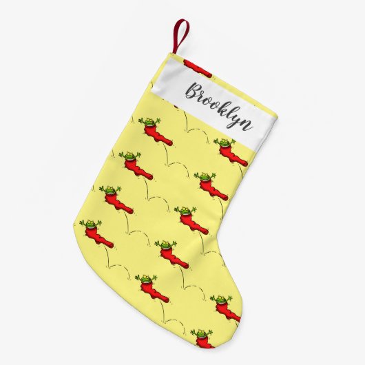Cute frog in een rode sock springende cartoon kleine kerstsok (Voorkant (Hangend))