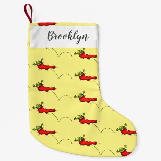 Cute frog in een rode sock springende cartoon kleine kerstsok (Voorkant)