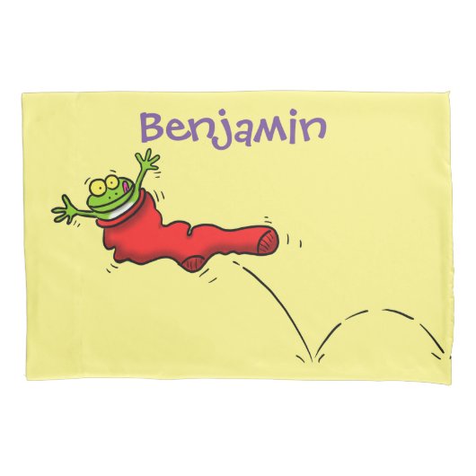 Cute frog in een rode sock springende cartoon kussensloop (Voorkant)