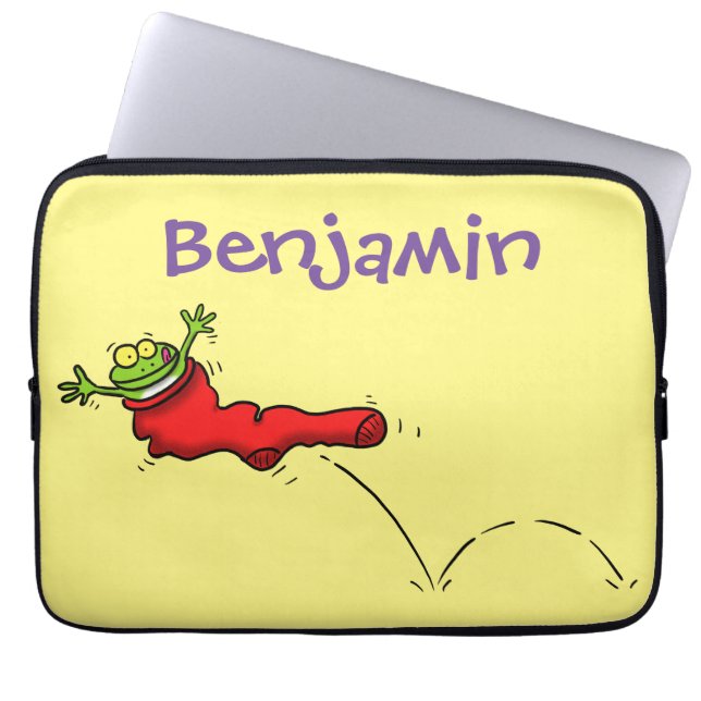 Cute frog in een rode sock springende cartoon laptop sleeve (Voorkant)