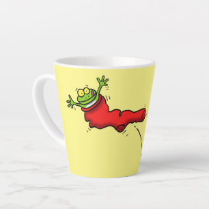 Cute frog in een rode sock springende cartoon latte mok