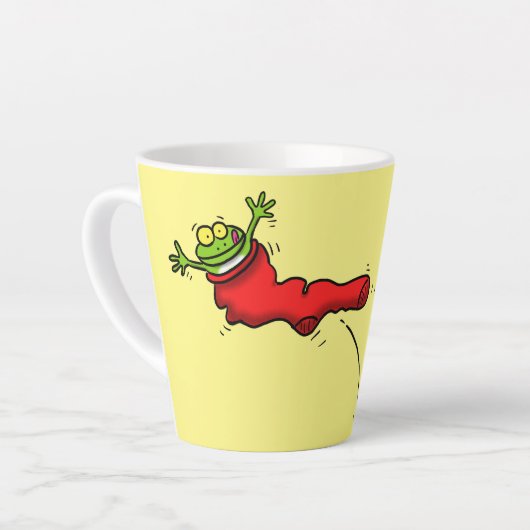 Cute frog in een rode sock springende cartoon latte mok (Linkerhoek)