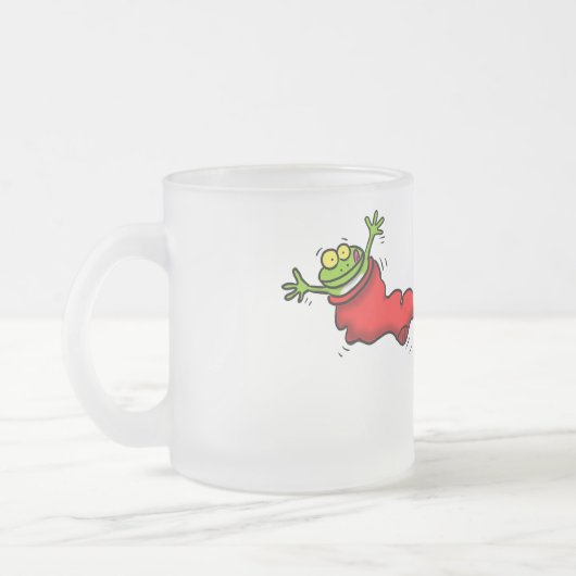 Cute frog in een rode sock springende cartoon matglas koffiemok (Links)
