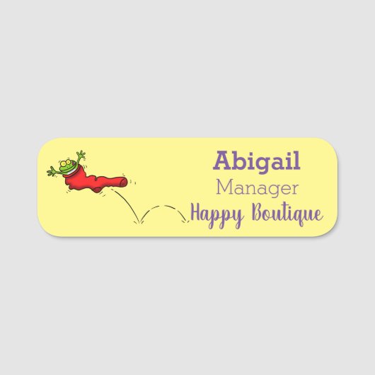 Cute frog in een rode sock springende cartoon naamplaatje (Voorkant)