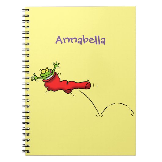 Cute frog in een rode sock springende cartoon notitieboek (Voorkant)