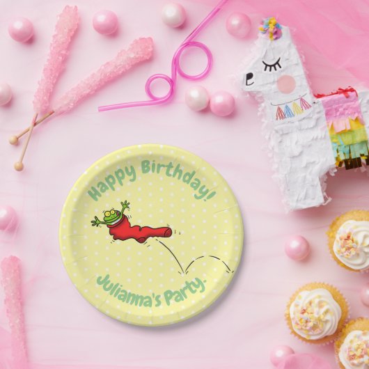 Cute frog in een rode sock springende cartoon papieren bordje (Feest)