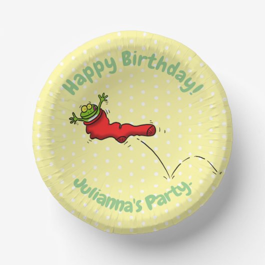 Cute frog in een rode sock springende cartoon papieren kommen (Voorkant)