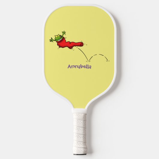 Cute frog in een rode sock springende cartoon pickleball paddle (Voorkant)