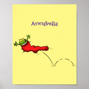Cute frog in een rode sock springende cartoon poster