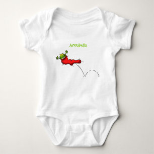 Cute frog in een rode sock springende cartoon romper
