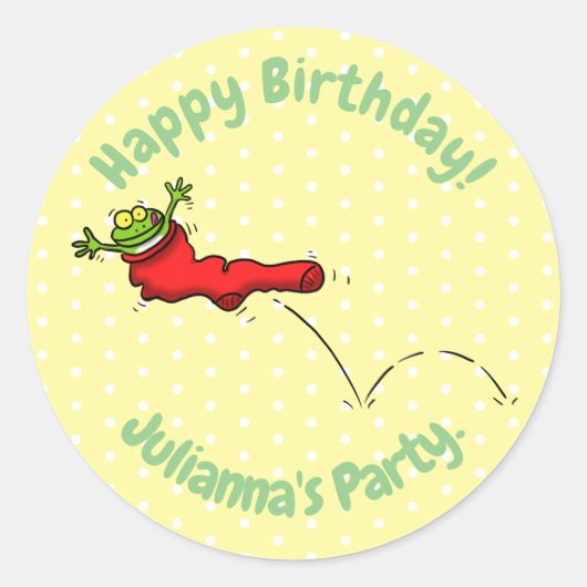 Cute frog in een rode sock springende cartoon ronde sticker (Voorkant)
