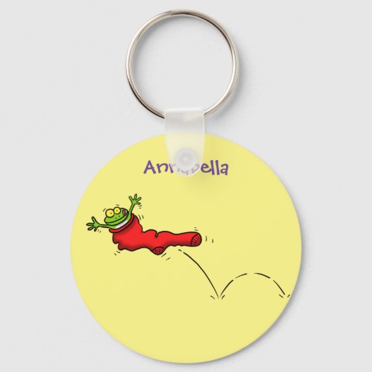 Cute frog in een rode sock springende cartoon sleutelhanger (Voorkant)