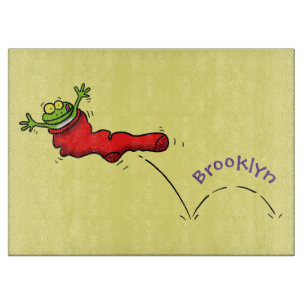 Cute frog in een rode sock springende cartoon snijplank