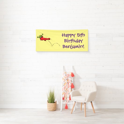 Cute frog in een rode sock springende cartoon spandoek (Insitu)