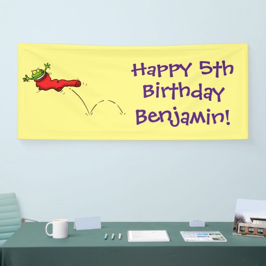 Cute frog in een rode sock springende cartoon spandoek (Beurs)