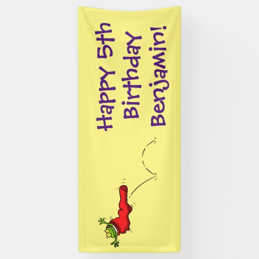 Cute frog in een rode sock springende cartoon spandoek (Verticaal)