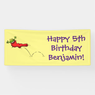 Cute frog in een rode sock springende cartoon spandoek