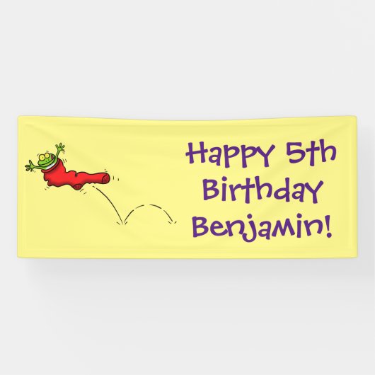 Cute frog in een rode sock springende cartoon spandoek (Horizontaal)