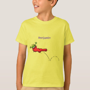 Cute frog in een rode sock springende cartoon t-shirt
